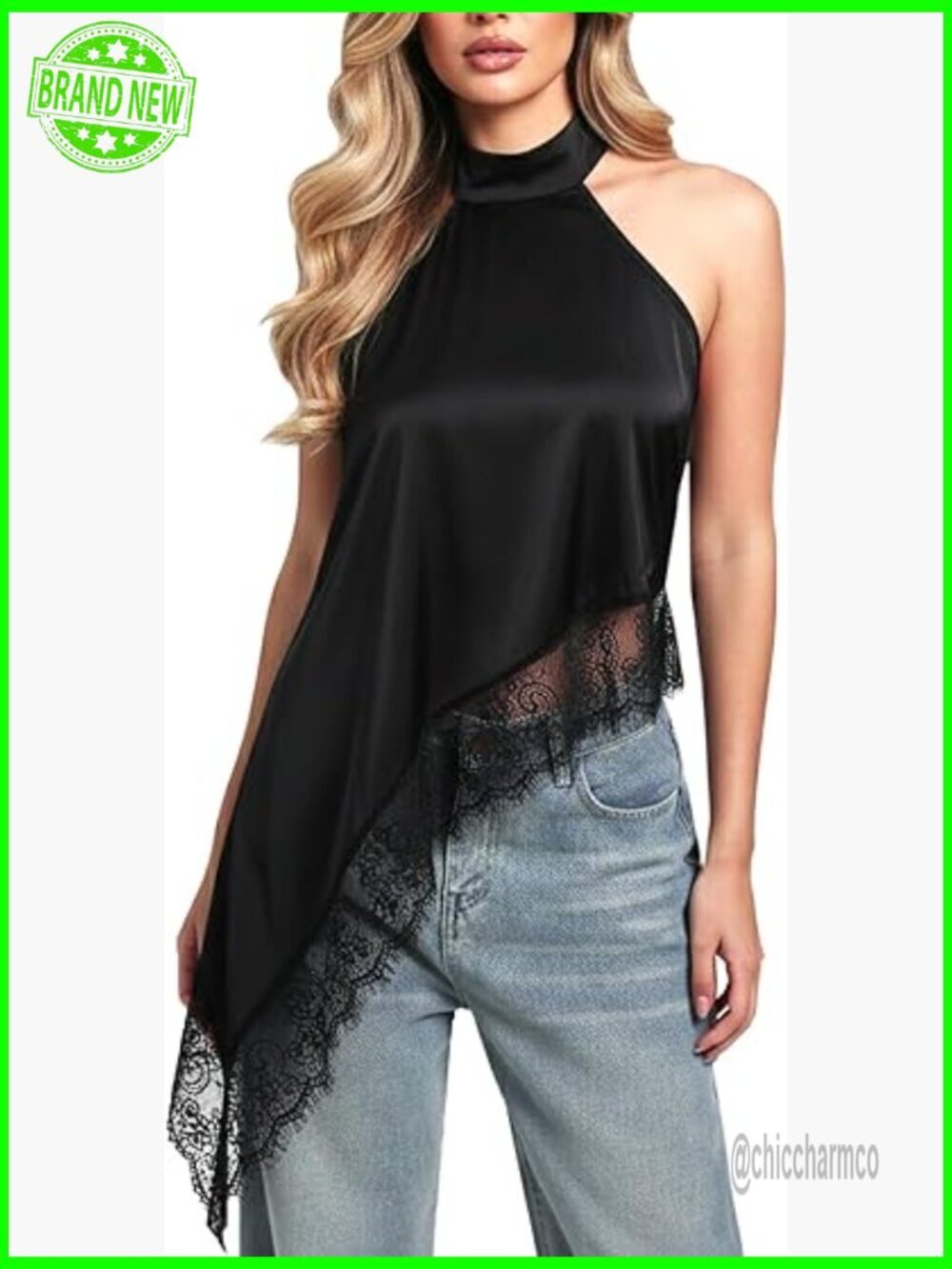 Satin Halter Neck Tank Top Lace Trim Asymmetrical Flowy Festival Top